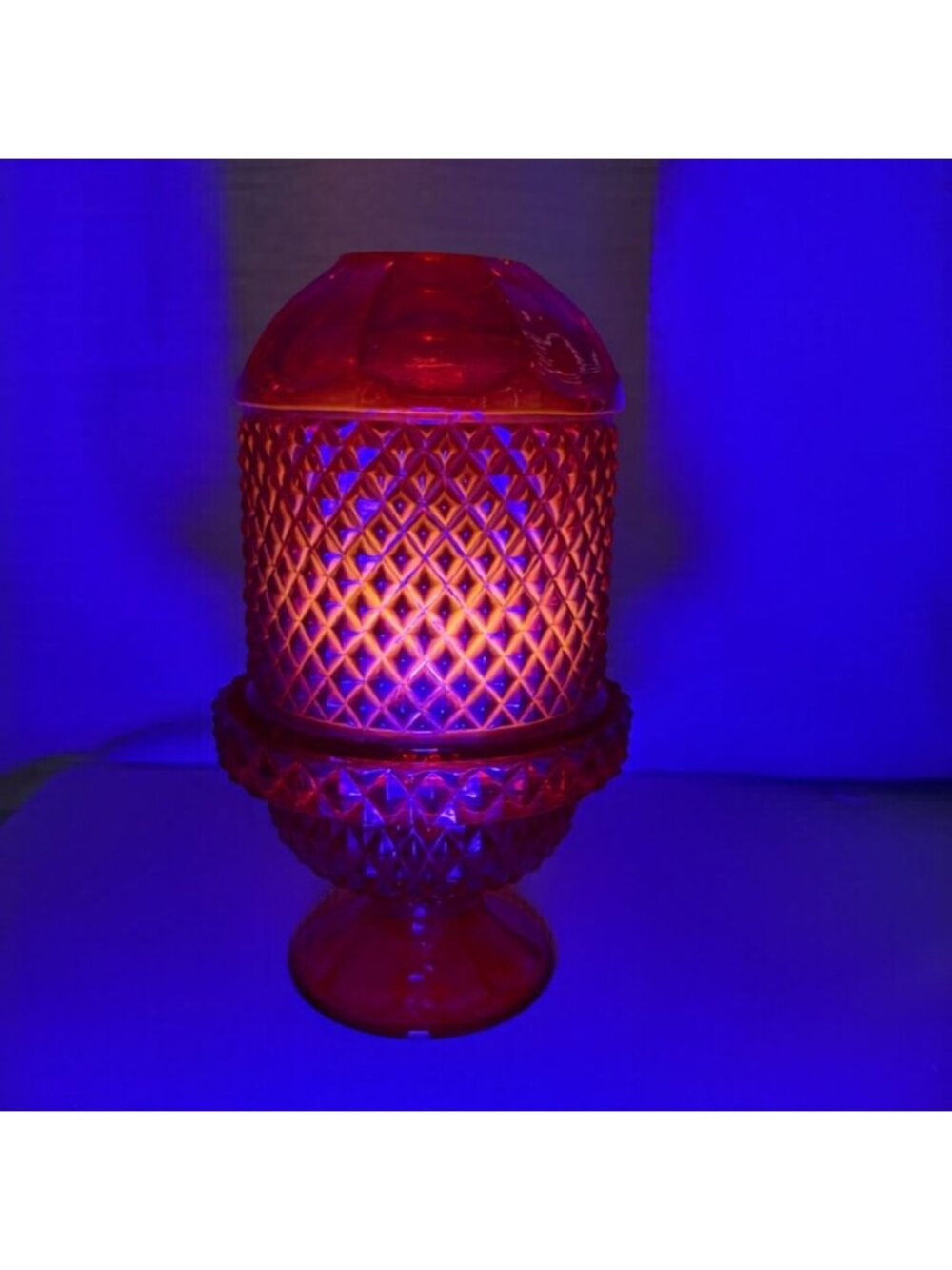 Vintage Viking Glass Ruby Red UV Glow Diamond Point Fairy Lamp
